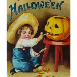 Halloween Postcard Artist Signed Ellen Clapsaddle Farm Boy Pipe and Knife Unused